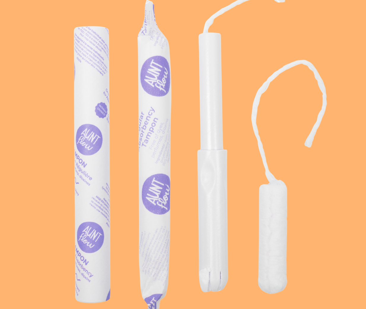 Menstrual products including a tampon, applicator, and an unwrapped tampon on an orange background.