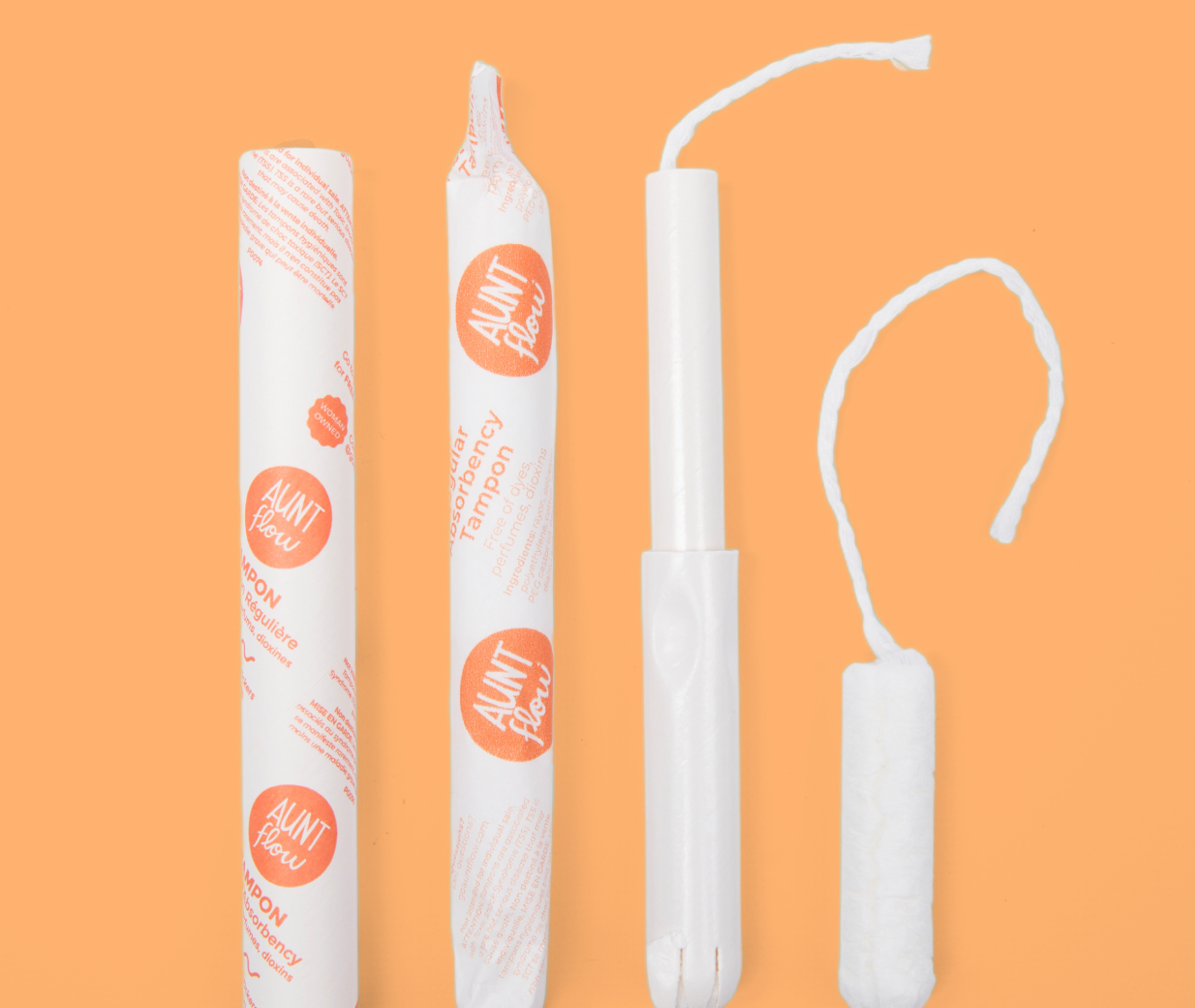 Aunt Flow bulk tampons fit universal tampon dispensers,  such as free-vend Hospeco, Bobrick, ASI, and Frost dispensers