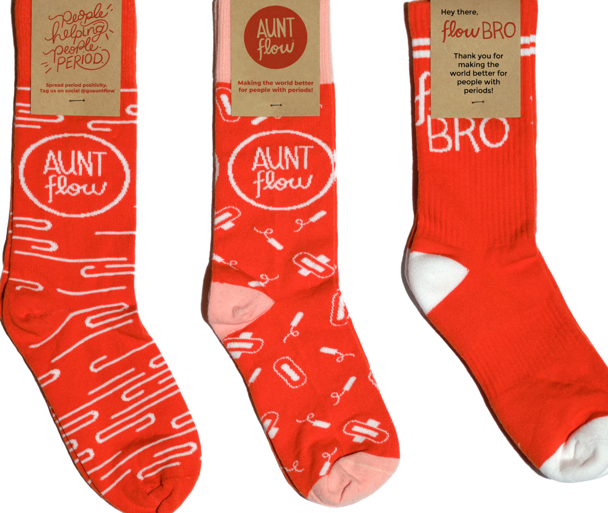 Aunt Flow 3-Pack Sock Bundle featuring Aunt Flow logo pair, Aunt Flow tampon and pads pair, and Flow Bro pair.